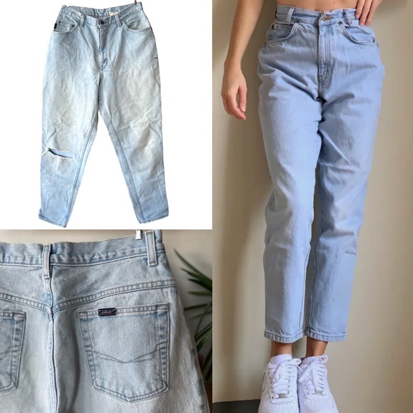 Vintage 90s CHIC H.I.S. Lightwash High Rise Mom Jeans 100% Cotton Knee Rips - Picture 1 of 11